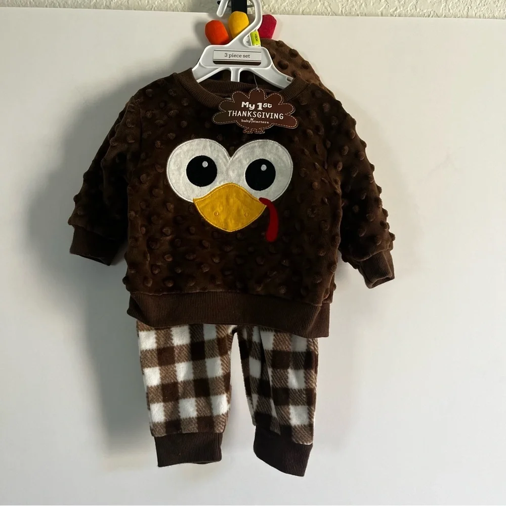 Baby Starters Brown My 1st Thanksgiving Outfit 3 months Top Pants Hat